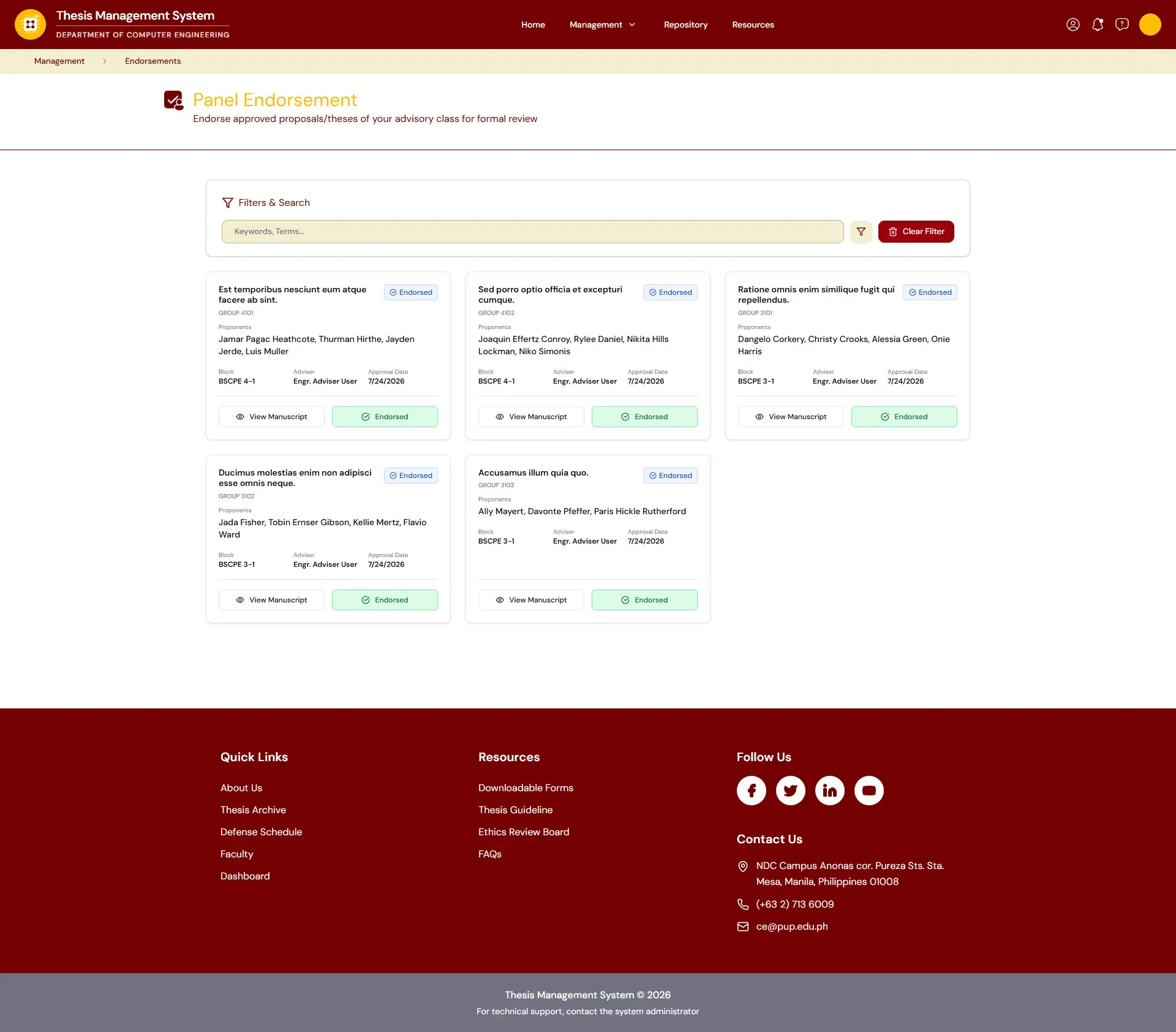 Snapshot of the Endorsement Process Page