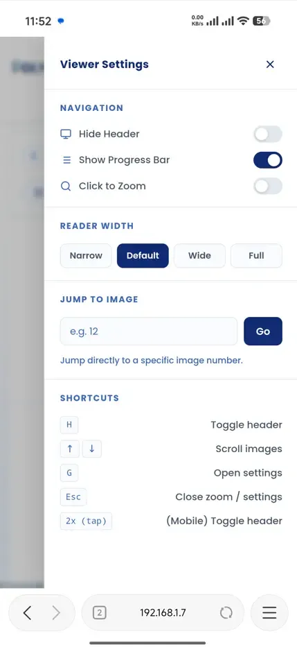 Session viewer (mobile): showing the settings panel that lets users adjust reading preferences on both mobile and desktop