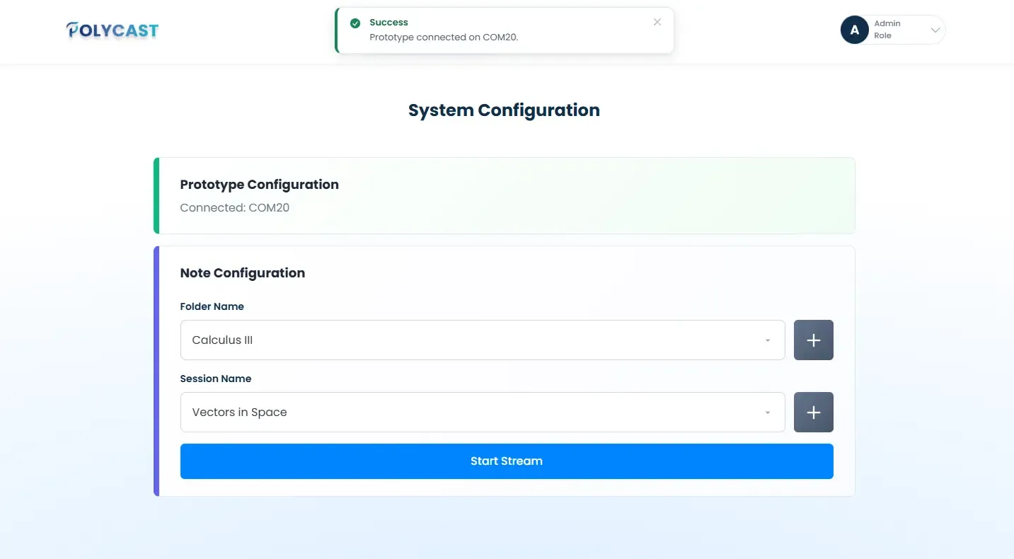 Admin (professor) Page: configuring the prototype marker and session, limited to one admin at a time.