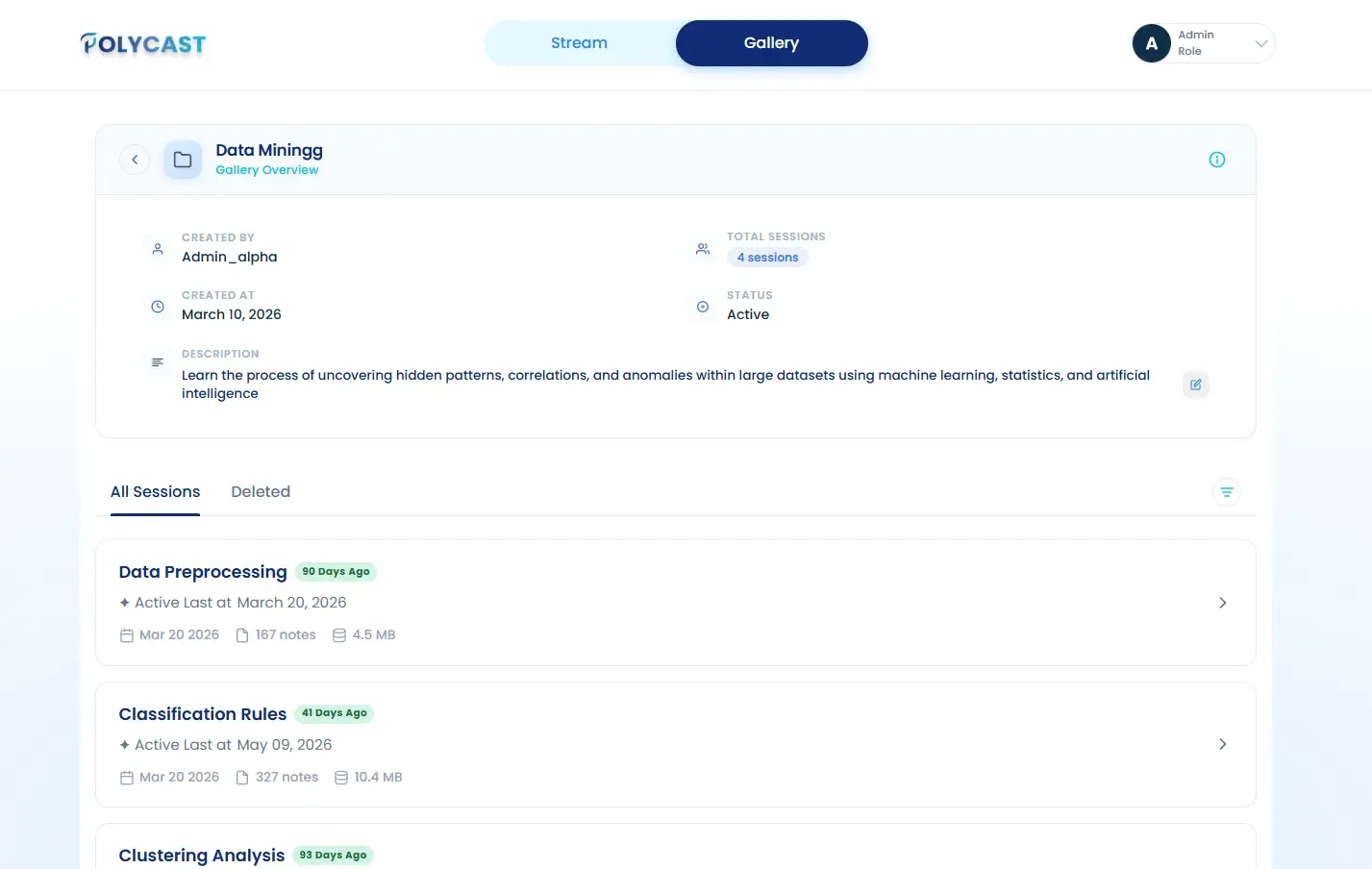Selected gallery page: showing the details of one gallery and the sessions grouped inside it.