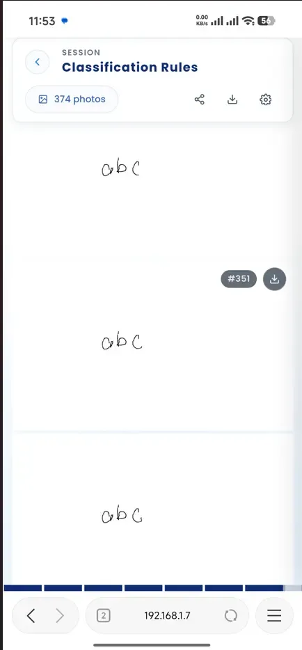 Session viewer (mobile): showing the series of notes auto-saved at a set interval (1s by default), displayed top to bottom from first to latest.
